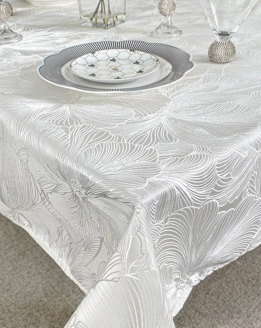 White Delhi Metallic Flower Jacquard - Custom Tablecloths