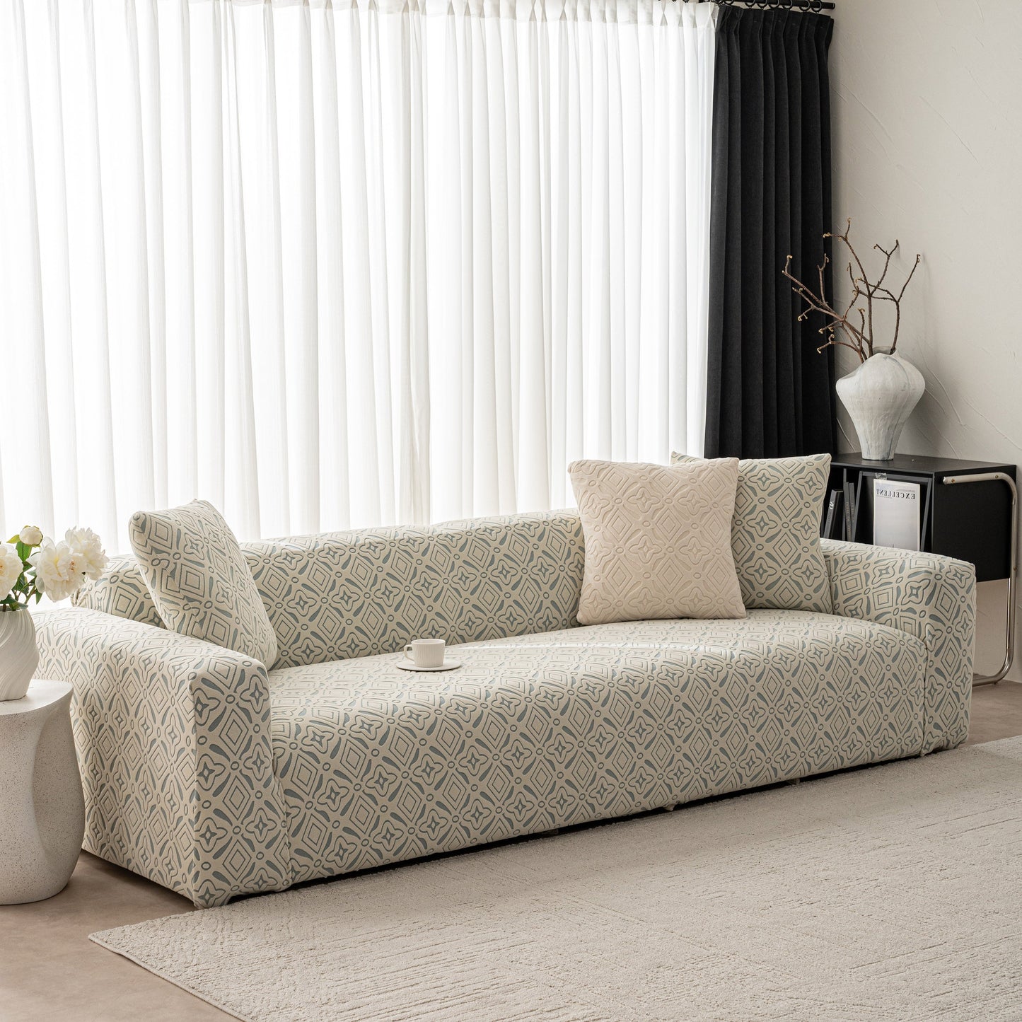 3D Jacquard Geometric Sofa Cover, High Stretch Soft Polar Fleece Slipcover for Couch