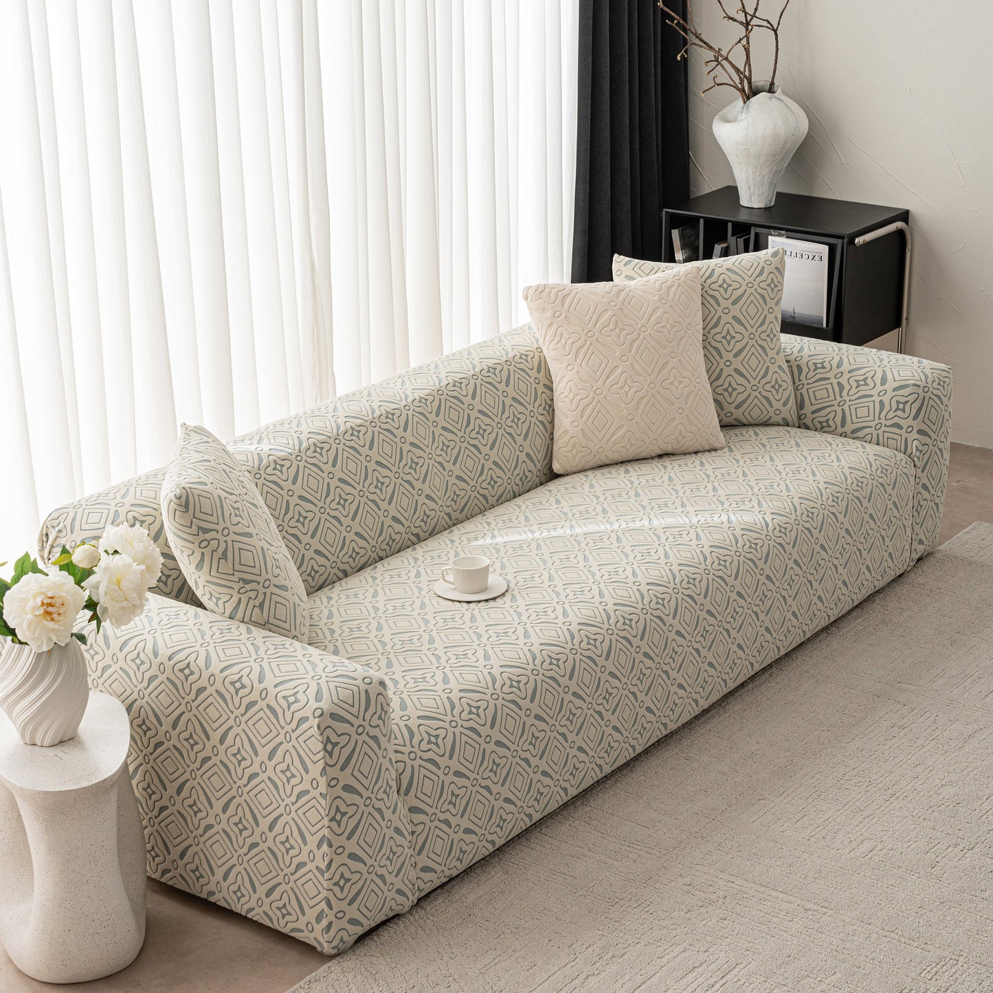 3D Jacquard Geometric Sofa Cover, High Stretch Soft Polar Fleece Slipcover for Couch