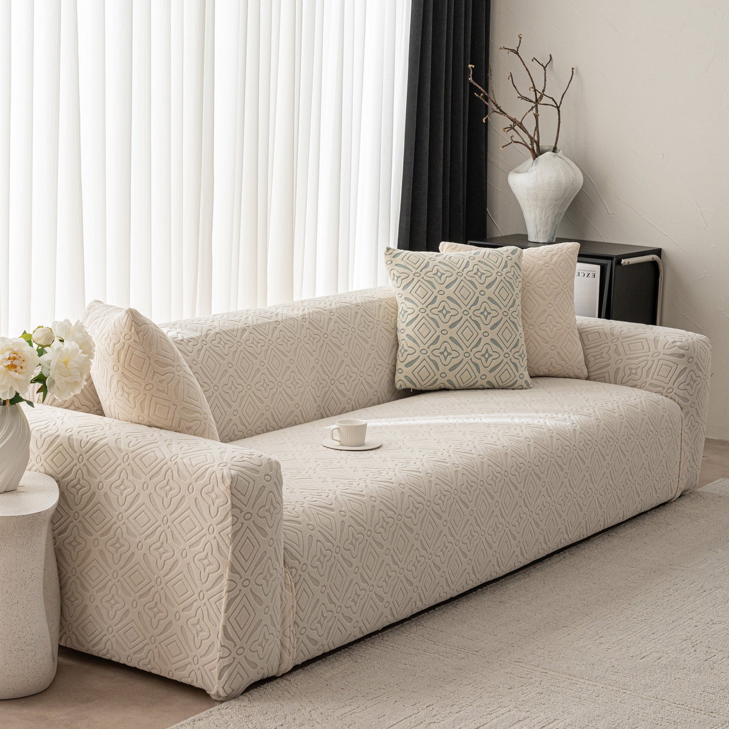 3D Jacquard Geometric Sofa Cover, High Stretch Soft Polar Fleece Slipcover for Couch