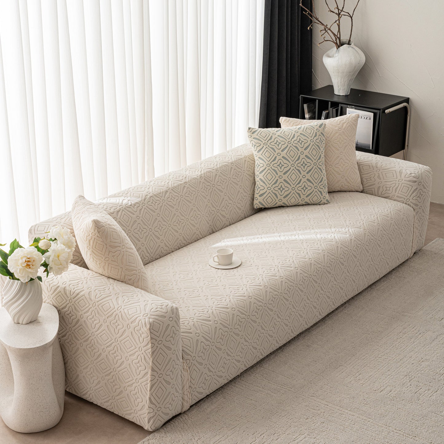 3D Jacquard Geometric Sofa Cover, High Stretch Soft Polar Fleece Slipcover for Couch