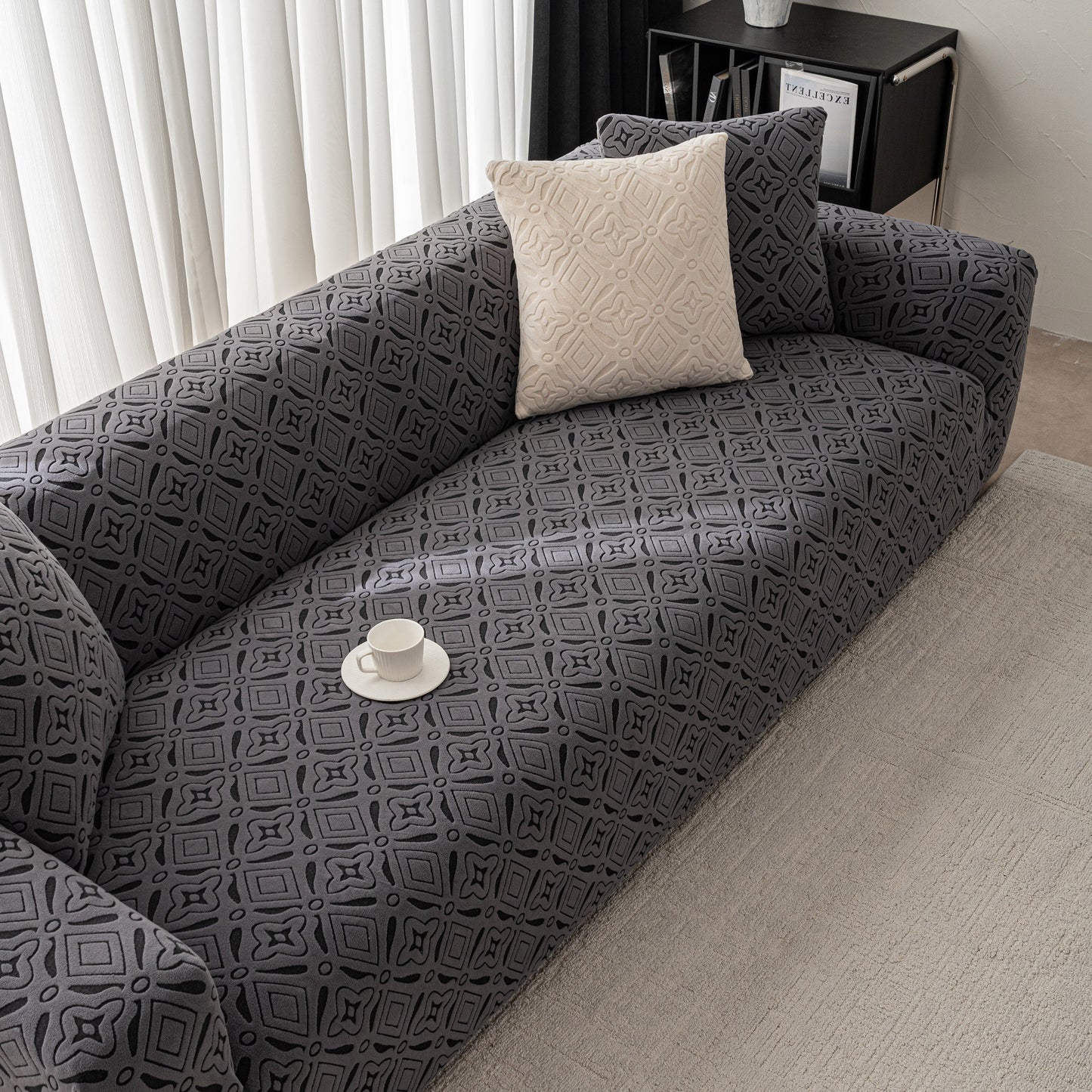 3D Jacquard Geometric Sofa Cover, High Stretch Soft Polar Fleece Slipcover for Couch