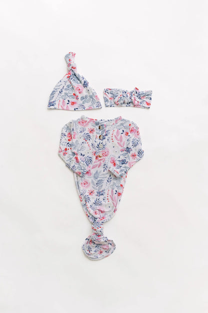 Stroller Society Knotted Baby Gown and Hat Set with Headband - Bloom (Newborn-3 months)