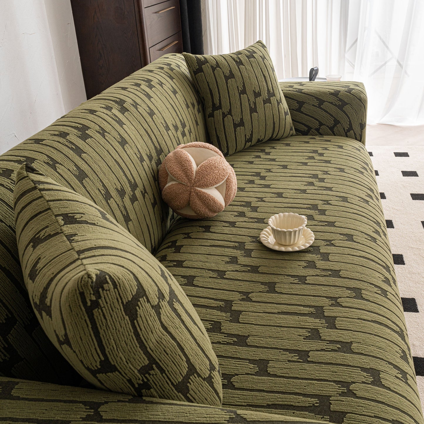 Plush Fleece Stretch Sofa Cover, Super Soft Textured Geometric Couch Slipcover