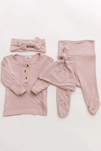 Top and Bottom Outfit, Hat and Headband Set (Newborn - 12 months) - Dusty Rose