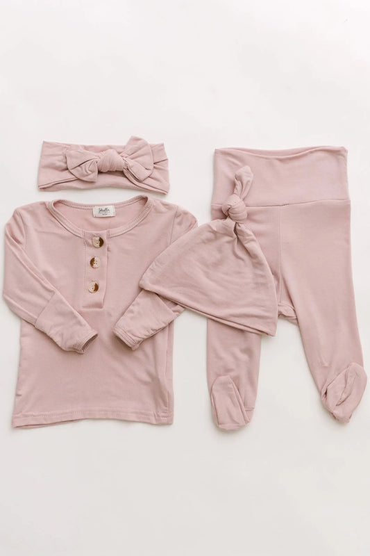 Top and Bottom Outfit, Hat and Headband Set (Newborn - 12 months) - Dusty Rose