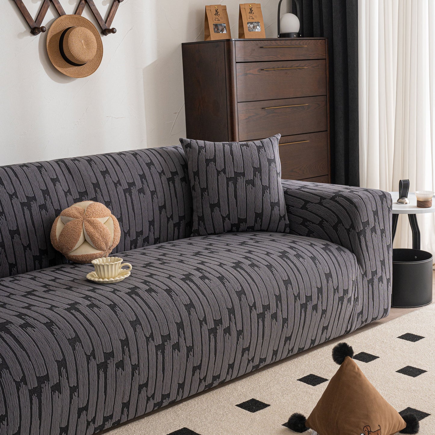 Plush Fleece Stretch Sofa Cover, Super Soft Textured Geometric Couch Slipcover