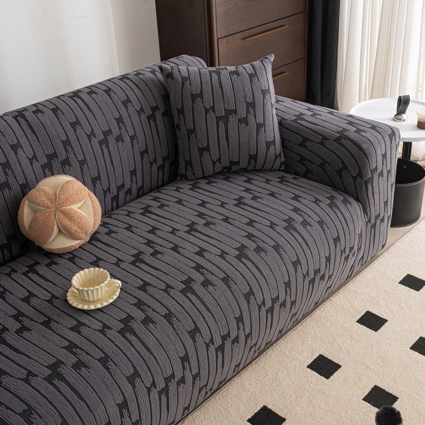 Plush Fleece Stretch Sofa Cover, Super Soft Textured Geometric Couch Slipcover