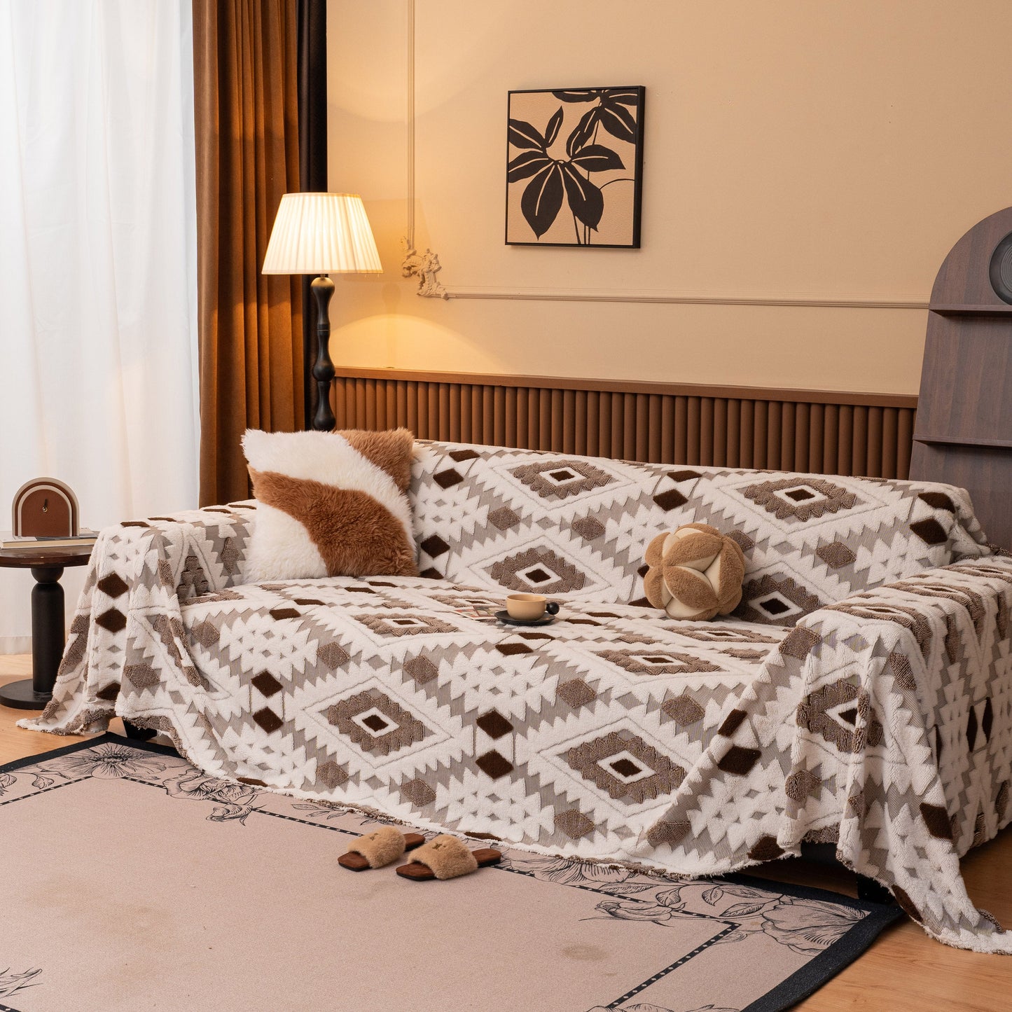 Bohemian Tufted Sofa Cover, Soft Sherpa Fleece Throw Blanket with 3D Aztec Geometric