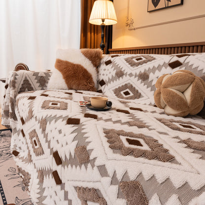Bohemian Tufted Sofa Cover, Soft Sherpa Fleece Throw Blanket with 3D Aztec Geometric