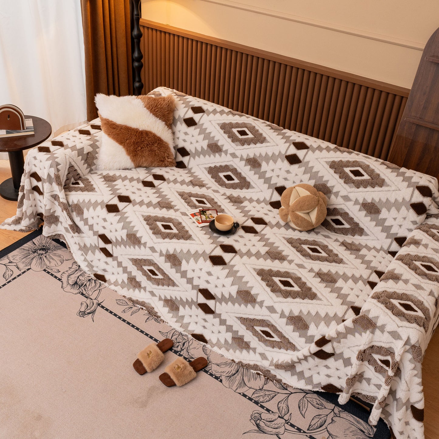 Bohemian Tufted Sofa Cover, Soft Sherpa Fleece Throw Blanket with 3D Aztec Geometric