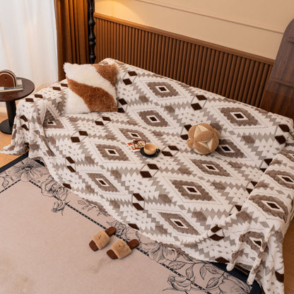 Bohemian Tufted Sofa Cover, Soft Sherpa Fleece Throw Blanket with 3D Aztec Geometric
