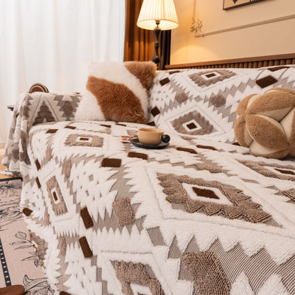 Bohemian Tufted Sofa Cover, Soft Sherpa Fleece Throw Blanket with 3D Aztec Geometric