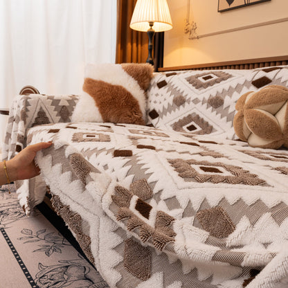 Bohemian Tufted Sofa Cover, Soft Sherpa Fleece Throw Blanket with 3D Aztec Geometric