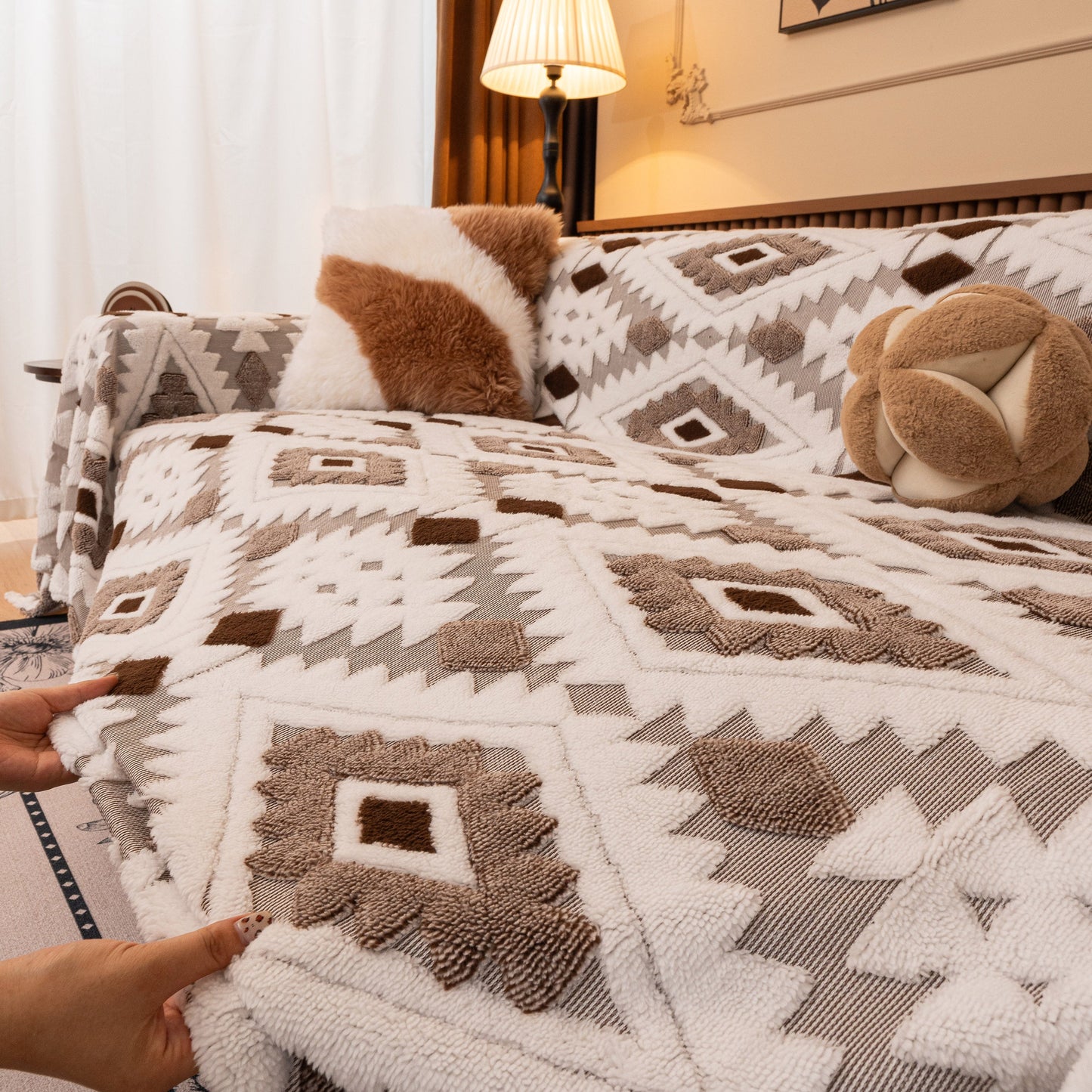 Bohemian Tufted Sofa Cover, Soft Sherpa Fleece Throw Blanket with 3D Aztec Geometric