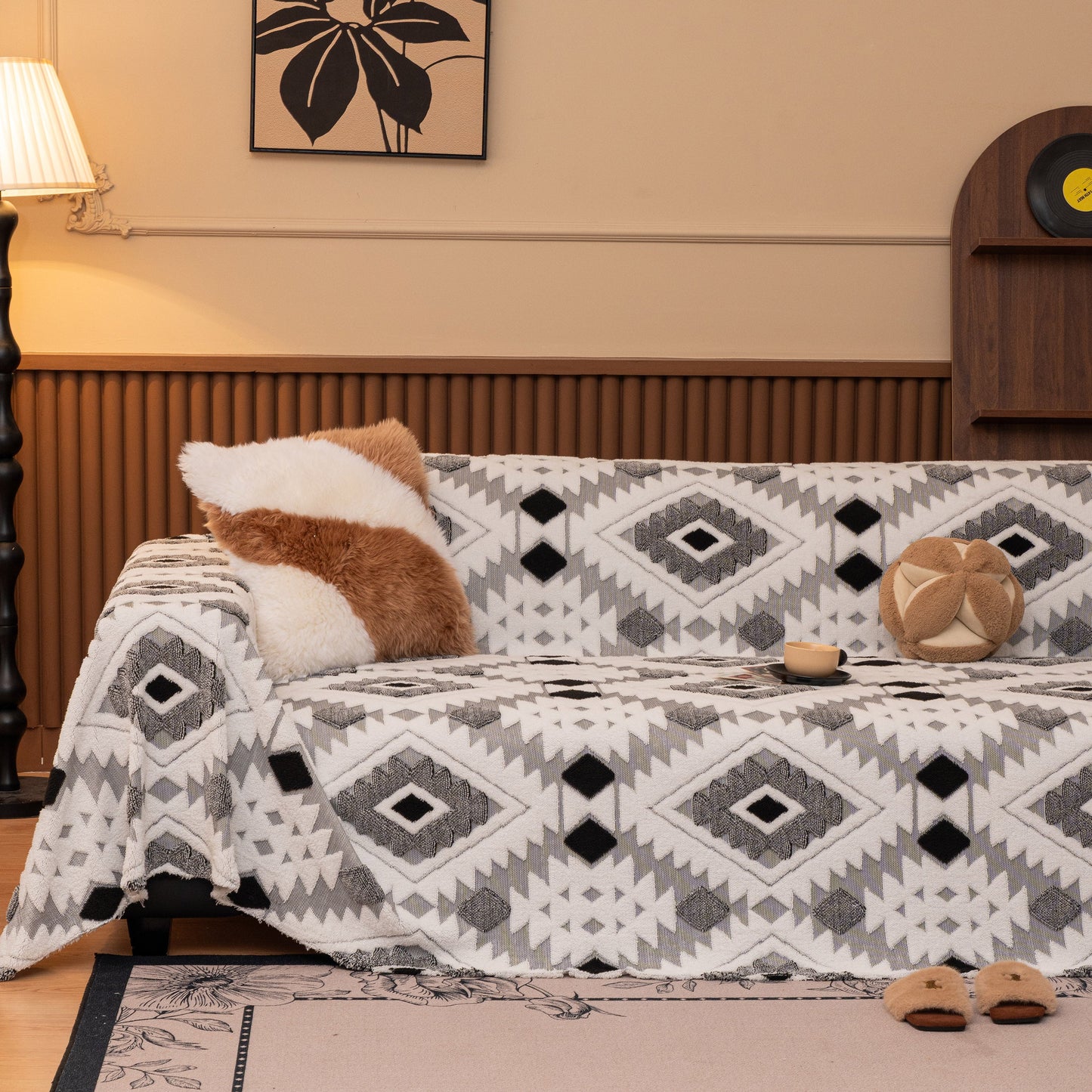 Bohemian Tufted Sofa Cover, Soft Sherpa Fleece Throw Blanket with 3D Aztec Geometric