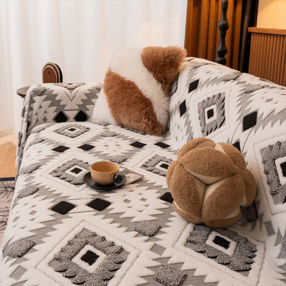 Bohemian Tufted Sofa Cover, Soft Sherpa Fleece Throw Blanket with 3D Aztec Geometric