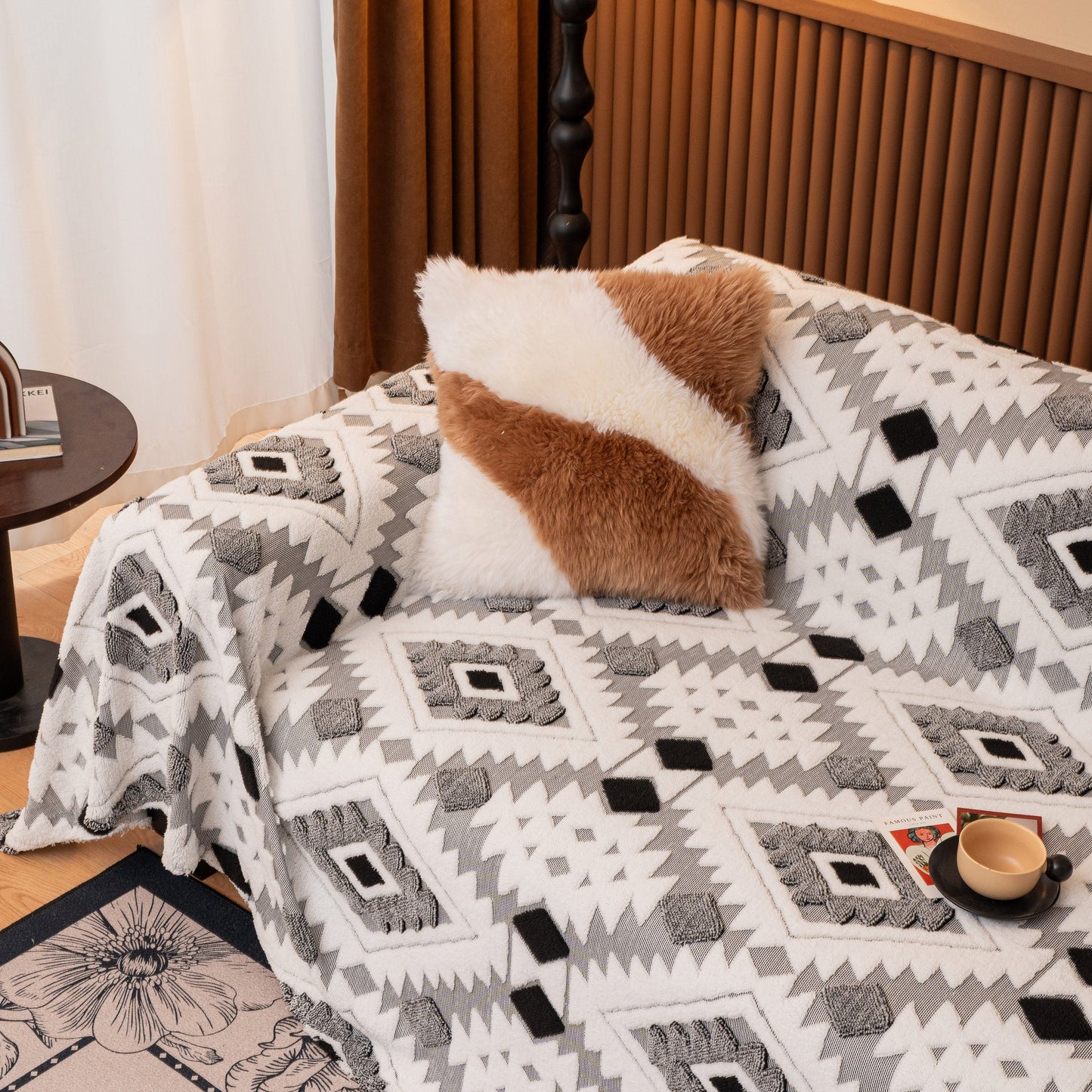 Bohemian Tufted Sofa Cover, Soft Sherpa Fleece Throw Blanket with 3D Aztec Geometric