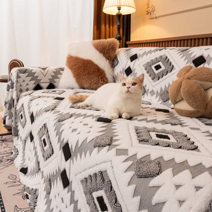 Bohemian Tufted Sofa Cover, Soft Sherpa Fleece Throw Blanket with 3D Aztec Geometric