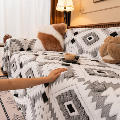 Bohemian Tufted Sofa Cover, Soft Sherpa Fleece Throw Blanket with 3D Aztec Geometric