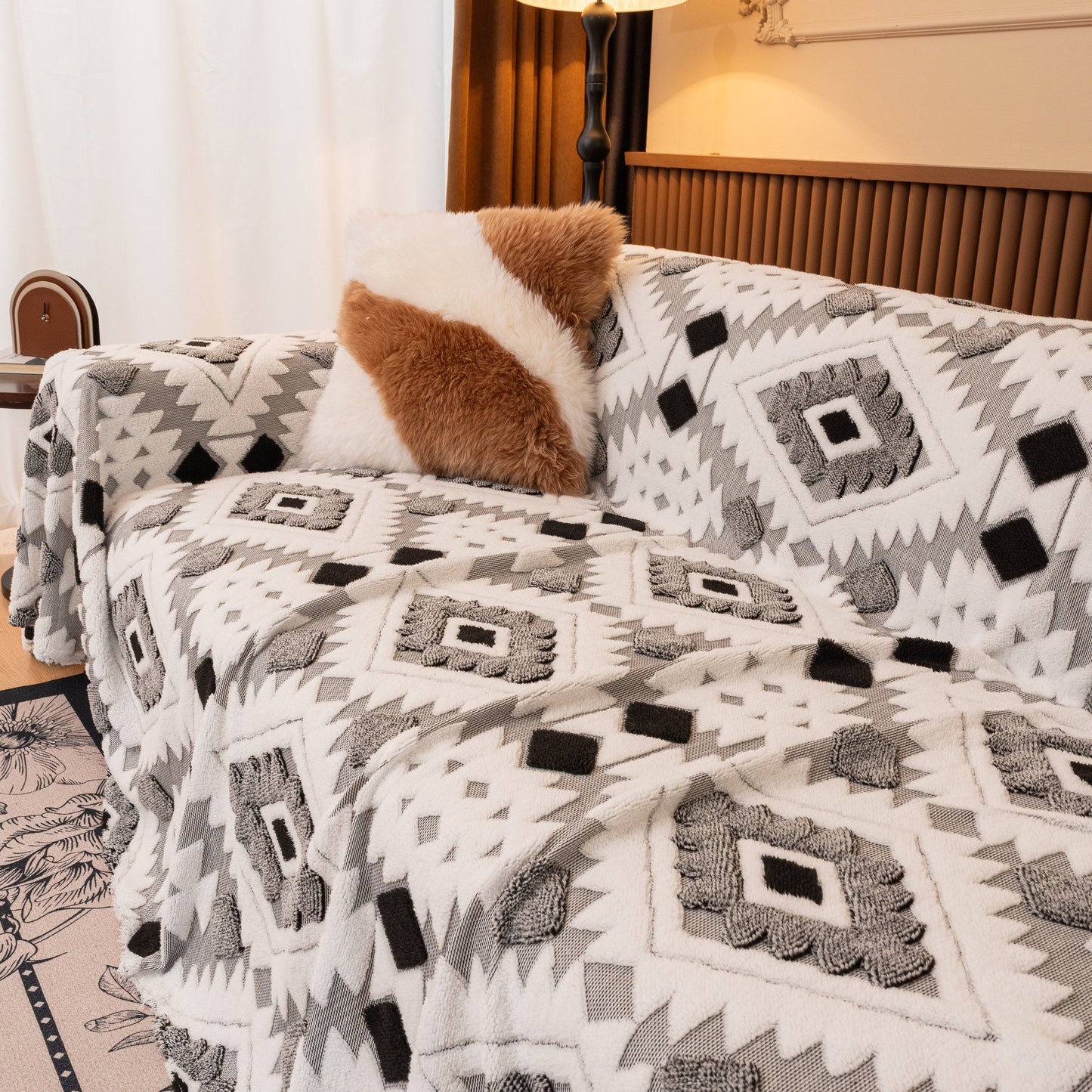 Bohemian Tufted Sofa Cover, Soft Sherpa Fleece Throw Blanket with 3D Aztec Geometric