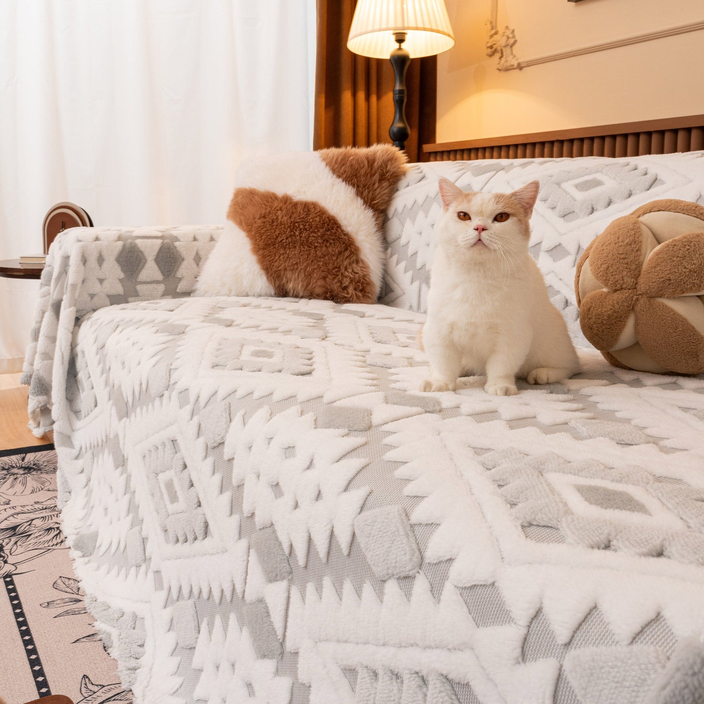 Bohemian Tufted Sofa Cover, Soft Sherpa Fleece Throw Blanket with 3D Aztec Geometric