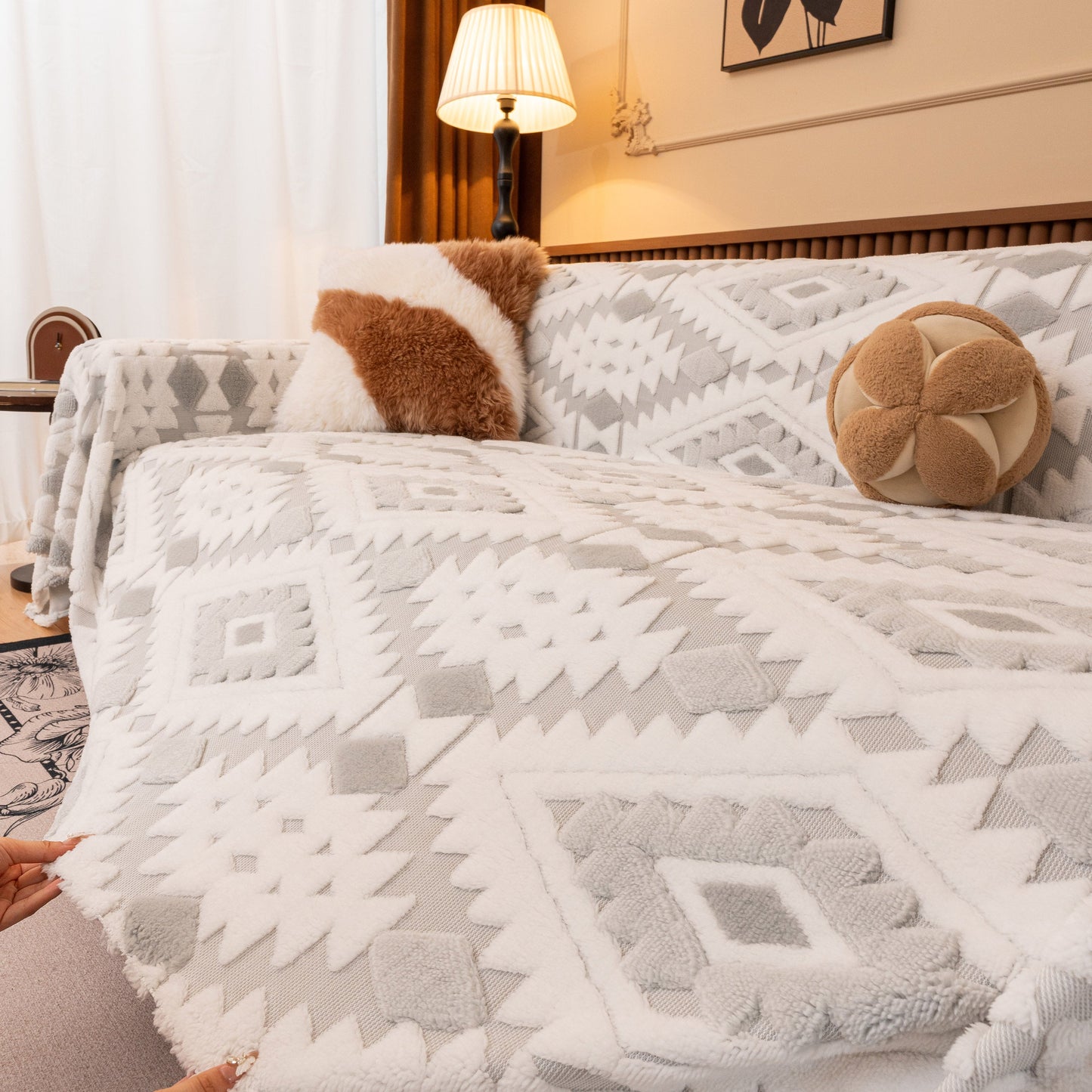 Bohemian Tufted Sofa Cover, Soft Sherpa Fleece Throw Blanket with 3D Aztec Geometric