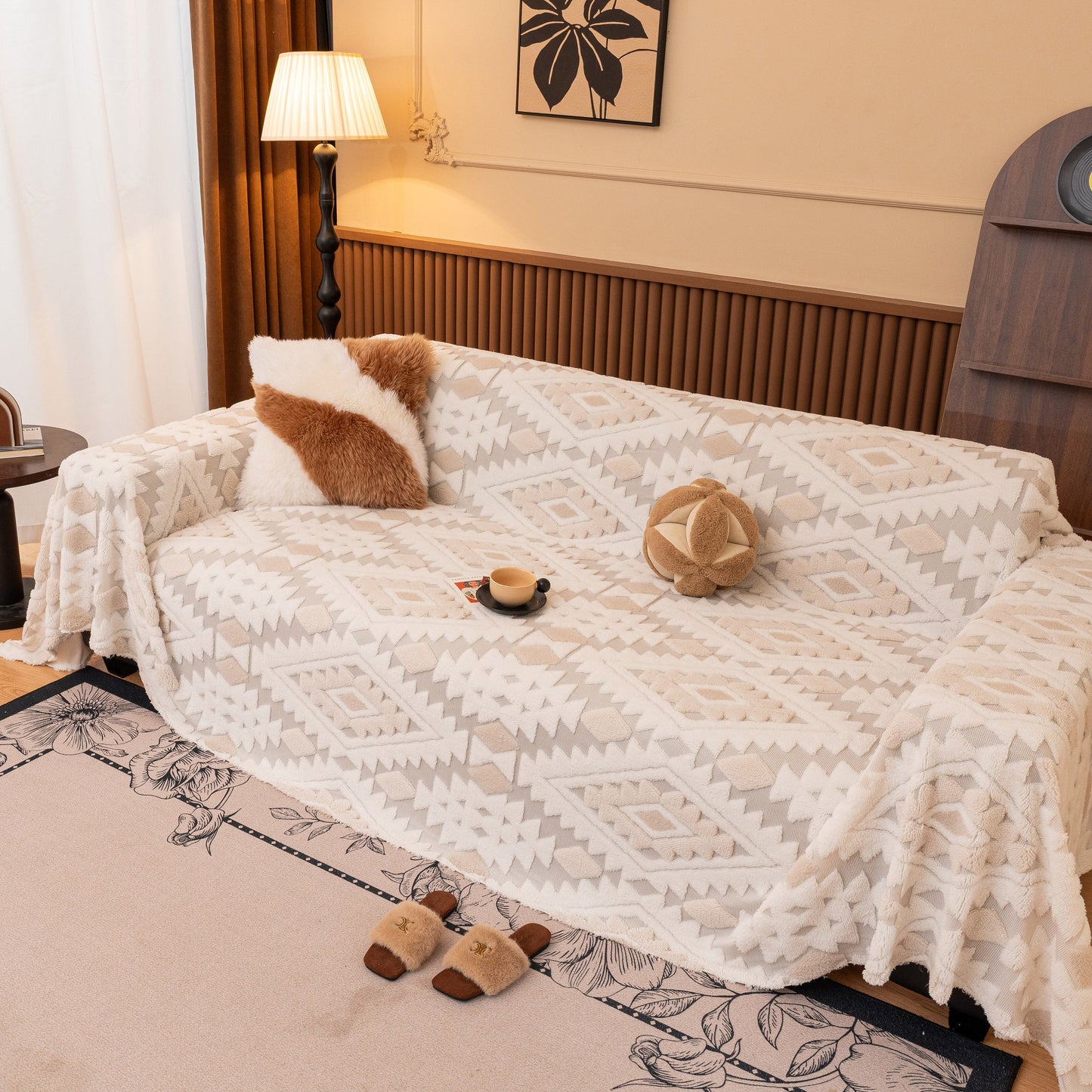 Bohemian Tufted Sofa Cover, Soft Sherpa Fleece Throw Blanket with 3D Aztec Geometric