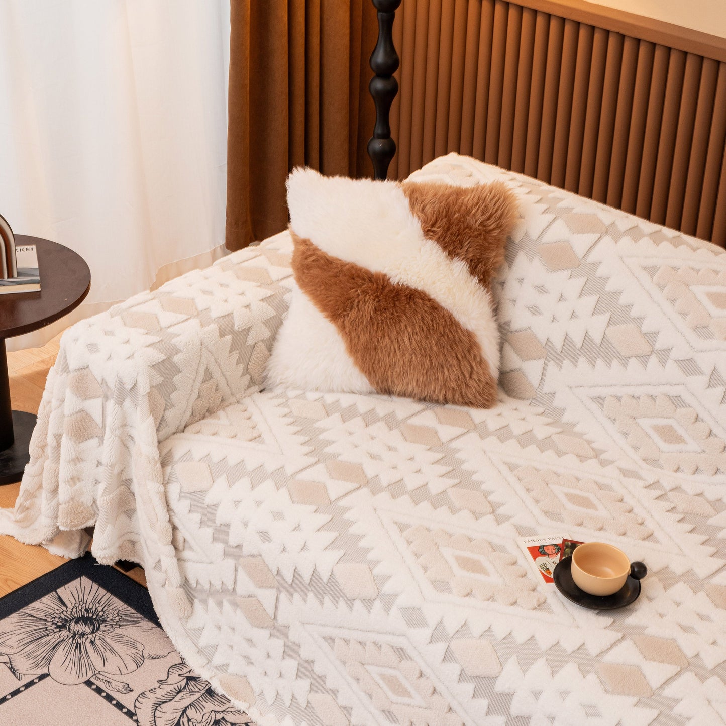 Bohemian Tufted Sofa Cover, Soft Sherpa Fleece Throw Blanket with 3D Aztec Geometric