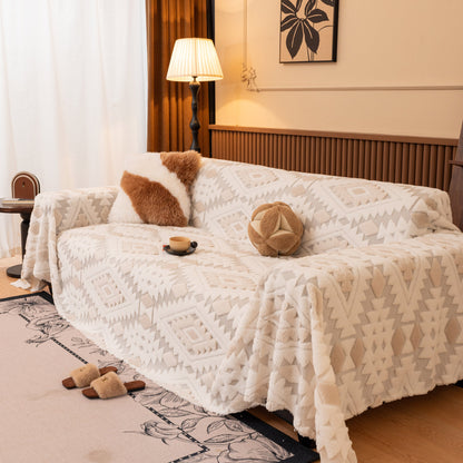 Bohemian Tufted Sofa Cover, Soft Sherpa Fleece Throw Blanket with 3D Aztec Geometric