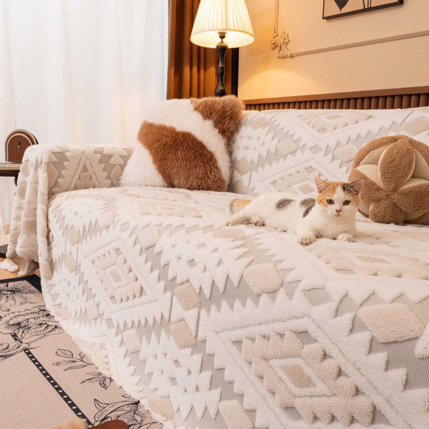 Bohemian Tufted Sofa Cover, Soft Sherpa Fleece Throw Blanket with 3D Aztec Geometric