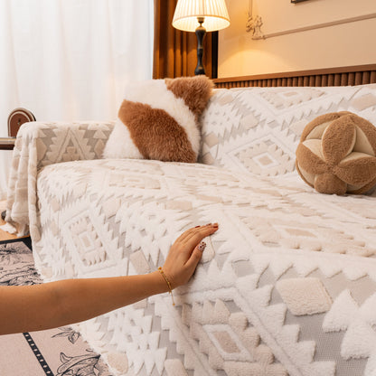 Bohemian Tufted Sofa Cover, Soft Sherpa Fleece Throw Blanket with 3D Aztec Geometric