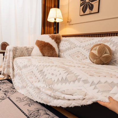 Bohemian Tufted Sofa Cover, Soft Sherpa Fleece Throw Blanket with 3D Aztec Geometric