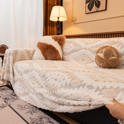Bohemian Tufted Sofa Cover, Soft Sherpa Fleece Throw Blanket with 3D Aztec Geometric