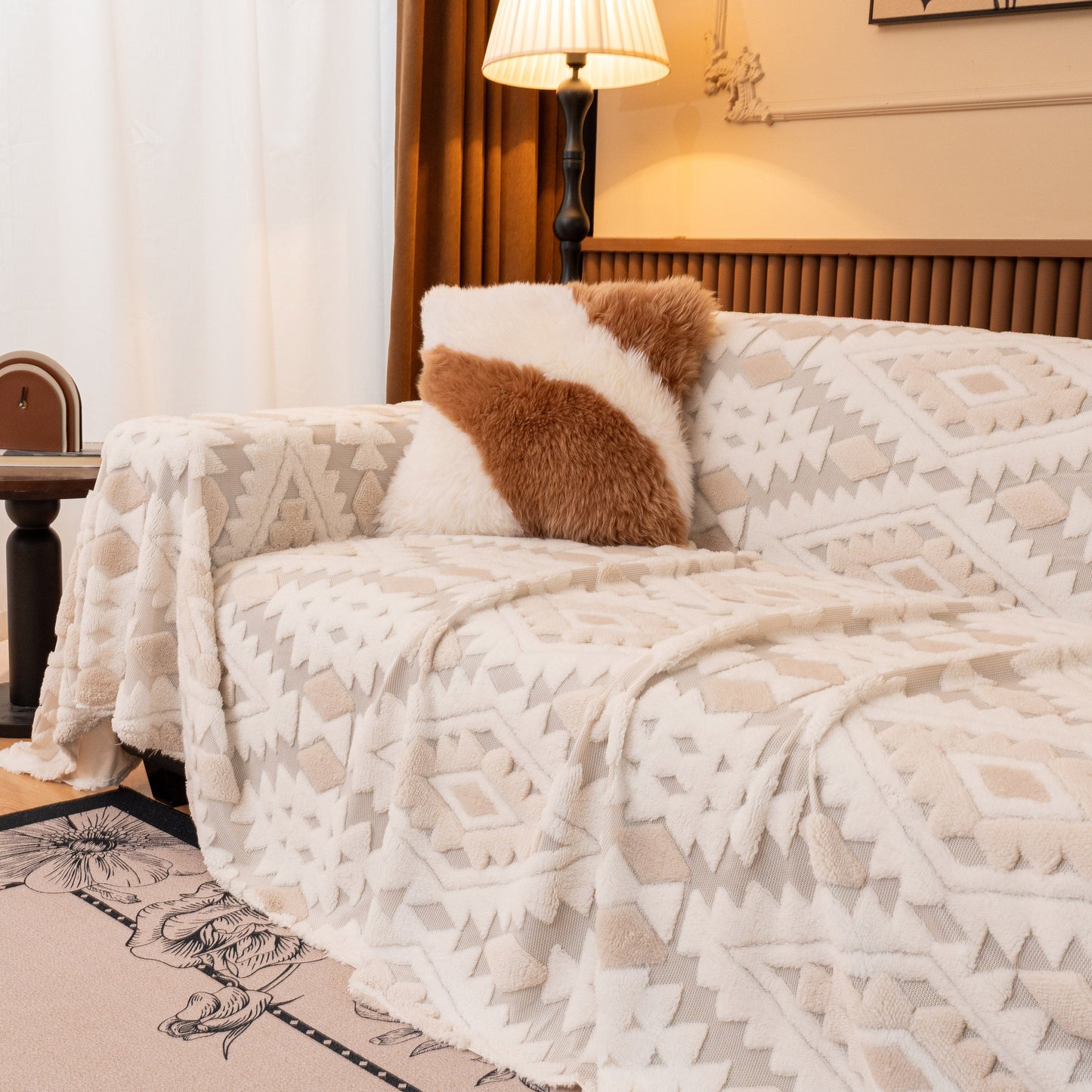 Bohemian Tufted Sofa Cover, Soft Sherpa Fleece Throw Blanket with 3D Aztec Geometric