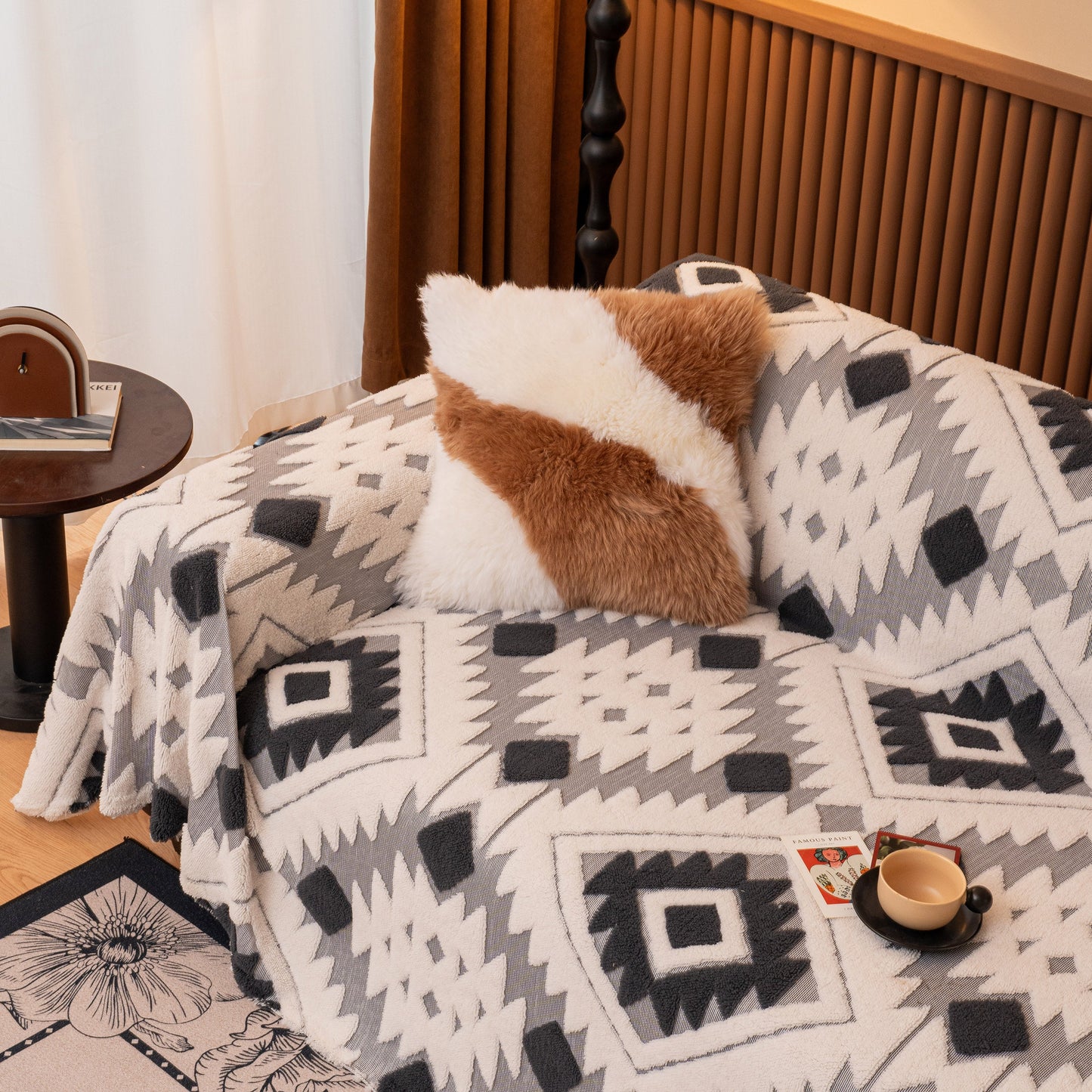 Bohemian Tufted Sofa Cover, Soft Sherpa Fleece Throw Blanket with 3D Aztec Geometric