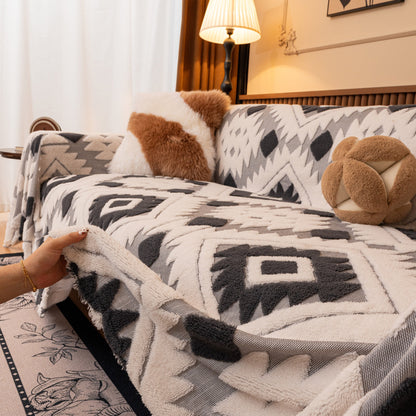 Bohemian Tufted Sofa Cover, Soft Sherpa Fleece Throw Blanket with 3D Aztec Geometric