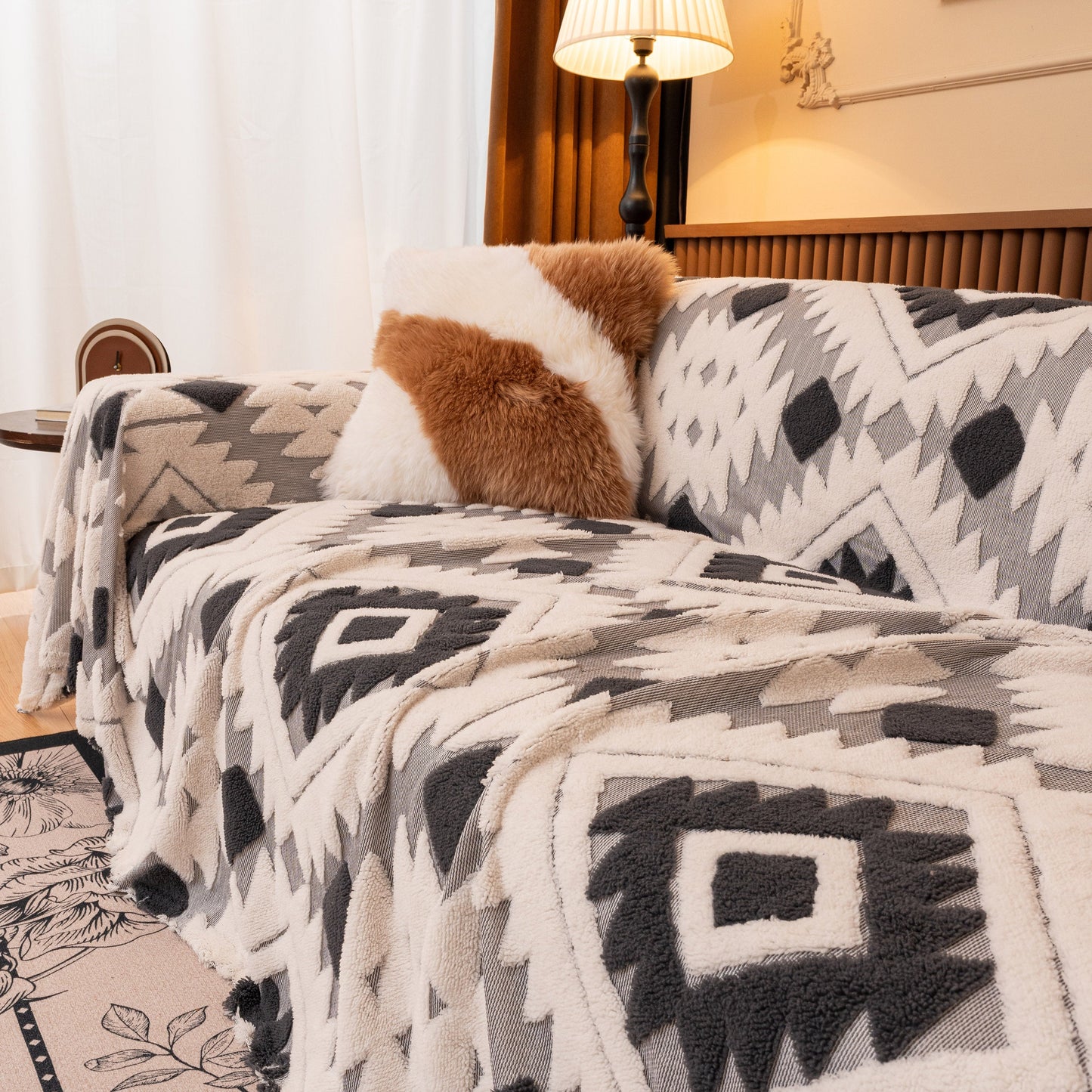 Bohemian Tufted Sofa Cover, Soft Sherpa Fleece Throw Blanket with 3D Aztec Geometric