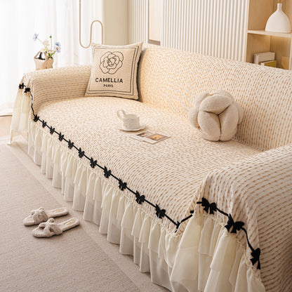 Ruffled Sofa Cover with Bowknot Decor, French Country Style Skirted Couch Slipcover