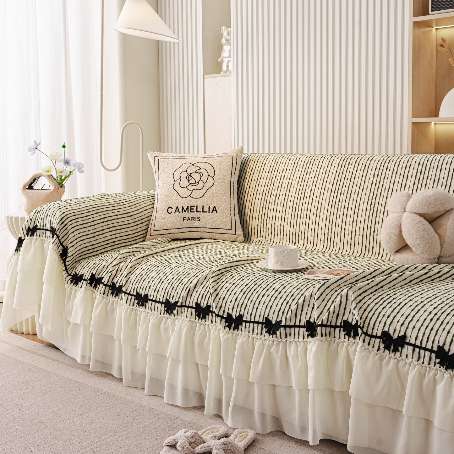 Ruffled Sofa Cover with Bowknot Decor, French Country Style Skirted Couch Slipcover