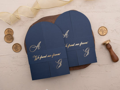 Navy Blue Arch Acrylic Wedding Invitation | Elegant Gold Foil Print