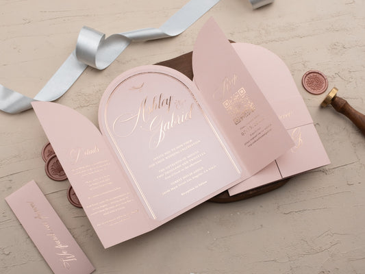 Blush Pink Arch Acrylic Wedding Invitation with Rose Gold Foil