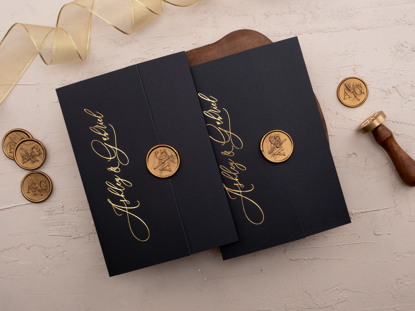 Acrylic Wedding Invitation with Black Jacket & Gold Foil QR RSVP