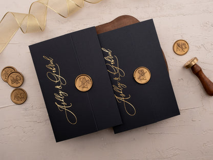 Acrylic Wedding Invitation with Black Jacket & Gold Foil QR RSVP