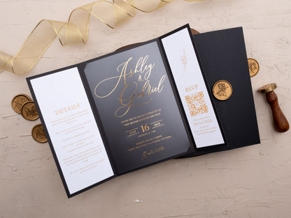 Acrylic Wedding Invitation with Black Jacket & Gold Foil QR RSVP