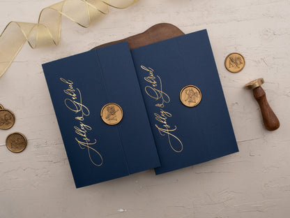 Luxury Navy Blue & Gold Acrylic Wedding Invitation with Wax Seal