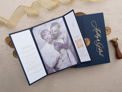 Navy Blue and Gold Wedding Invitations with QR Code RSVP