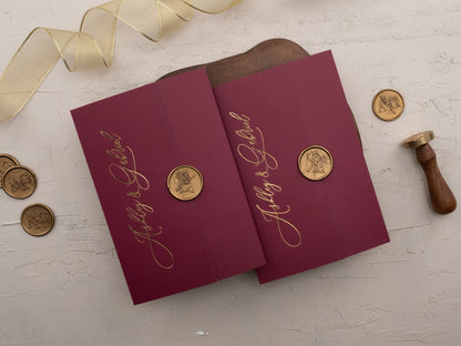 Luxury Burgundy & Gold Acrylic Wedding Invitation with Wax Seal