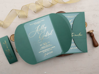 Emerald Green Acrylic Wedding Invitation with Gold Foil & Jacket