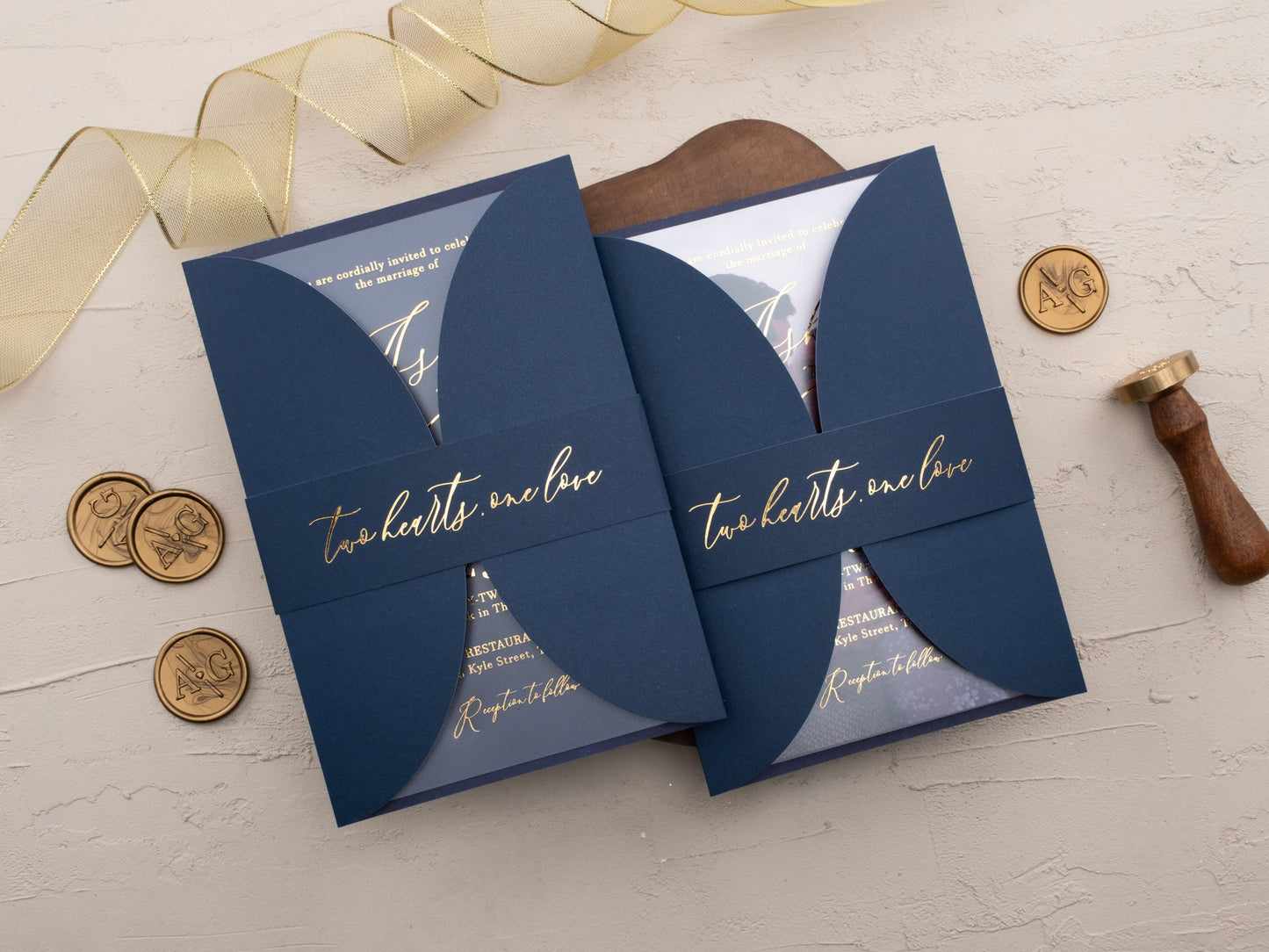 Navy Acrylic Wedding Invitation with Gold Foil & Curved Jacket